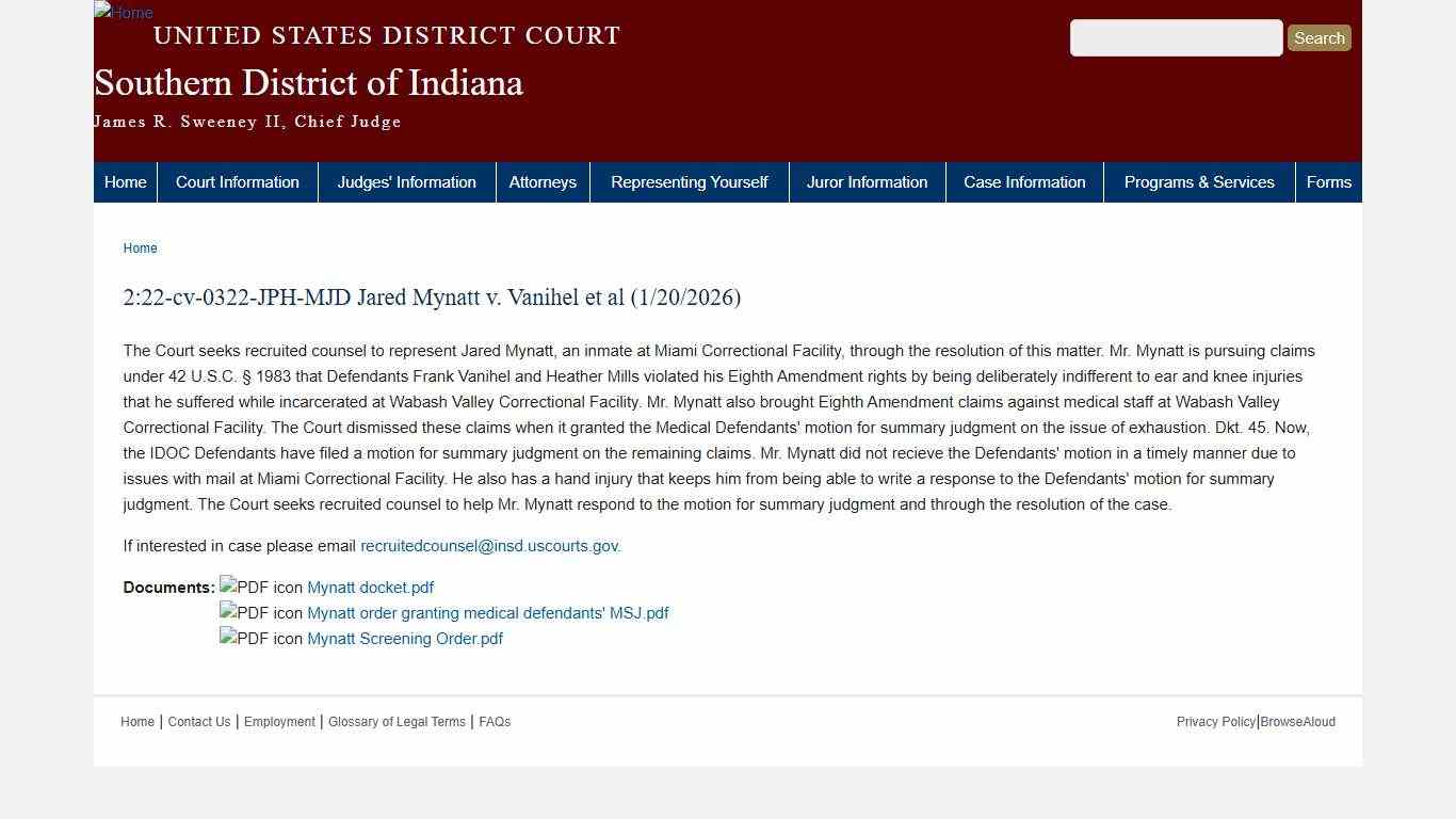 2:22-cv-0322-JPH-MJD Jared Mynatt v. Vanihel et al (1/20/2026) Southern District of Indiana United States District Court