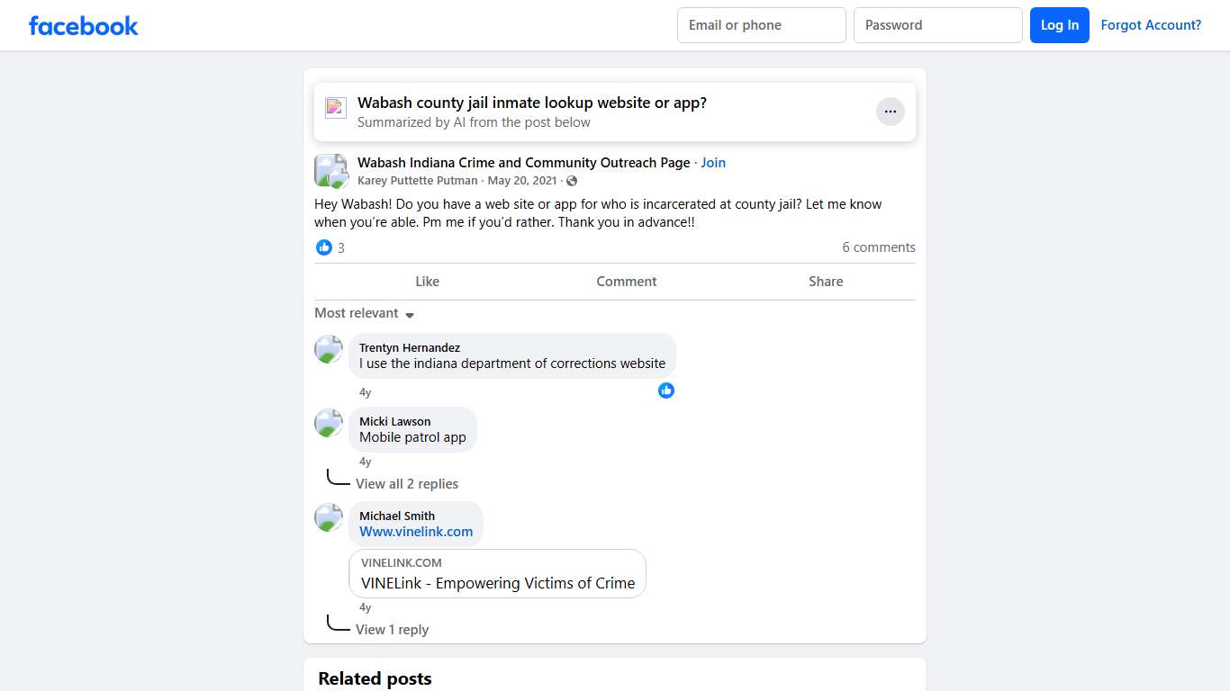 Wabash Indiana Crime and Community Outreach Page Hey Wabash! Do you have a web site or app for who is incarcerated at county jail Facebook